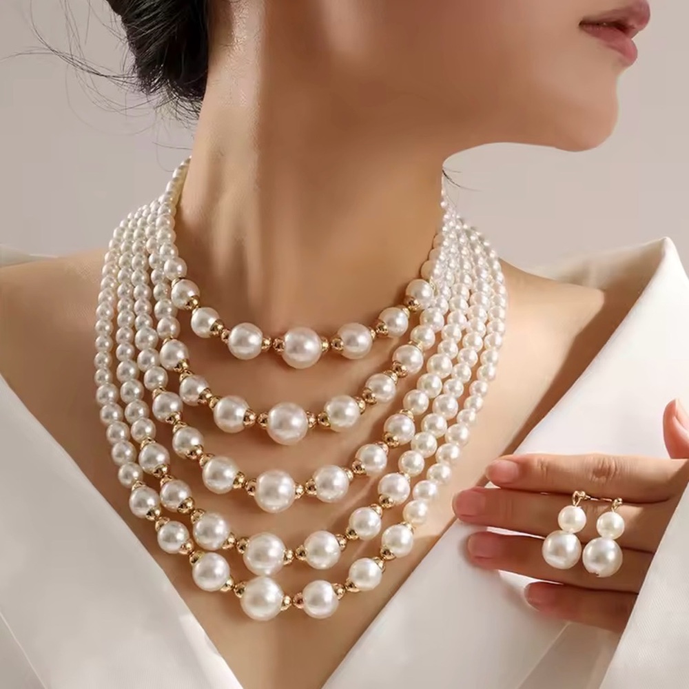 Elegant Multi-Strand 5 Layers White Pearl Necklace with Gold Accents & Earrings